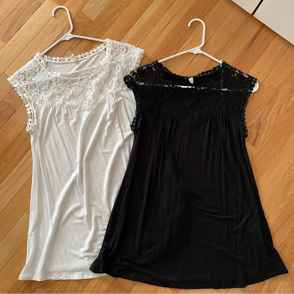 [DONATED]EUC 2 PinkBlush Small Lace Trim short sleeve White/cream and Black Tops